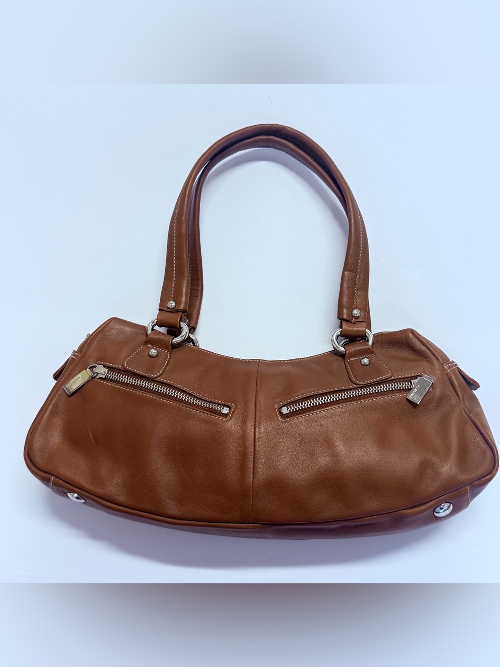 Perlina NY Vintage Cognac Brown Leather Shoulder Bag Y2K Multi-Zip